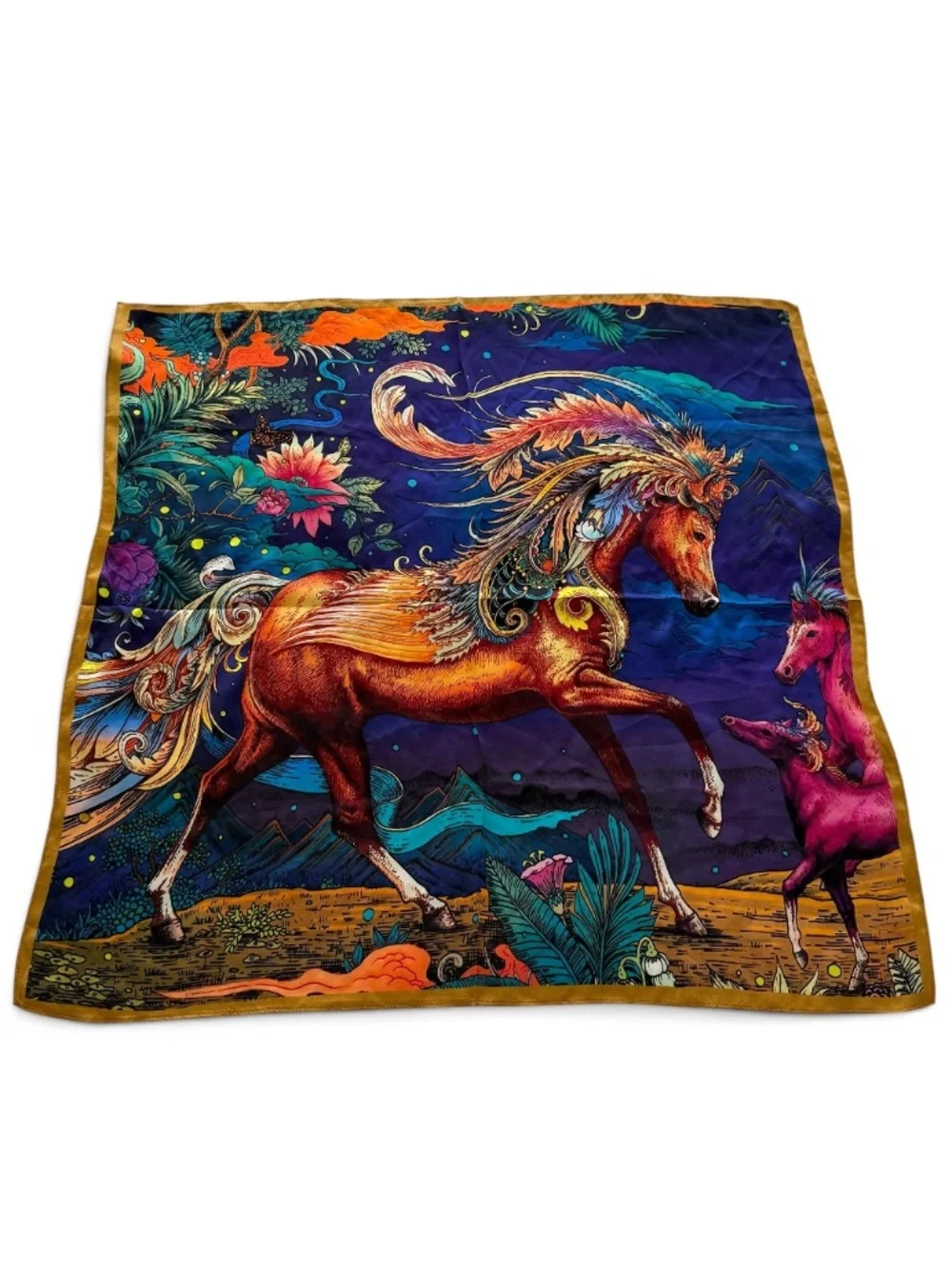 100% Mulberry Silk Square Scarf 26” Equestrian Horse Floral Art Print